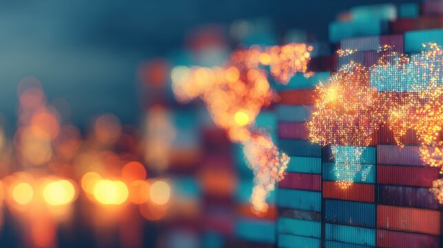 Shipping containers are stacked to form a map of the world