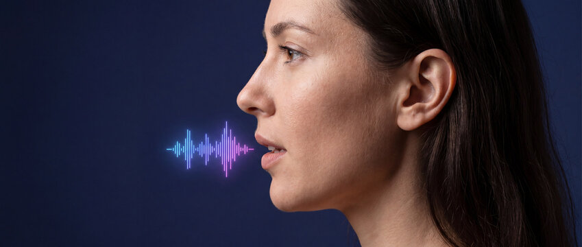 AI voice recognition concept with a side profile of a young woman speaking near a glowing digital soundwave on a dark blue background, ideal for biometric security and smart assistant designs