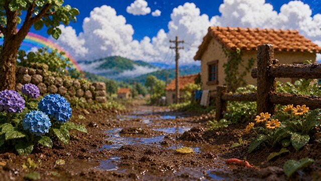 雨上がりのぬかるんだ道に虹がかかる日本の夏のクレイアニメ風景