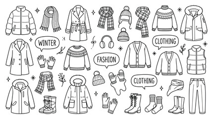 Adobe IllustratoWinter Clothing and Fashion Icons – High‑Resolution Illustration Representing Cold Weather, Style, and Comfort for Lifestyle, Apparel, and Creative Projectsr Artwork © Tacaz