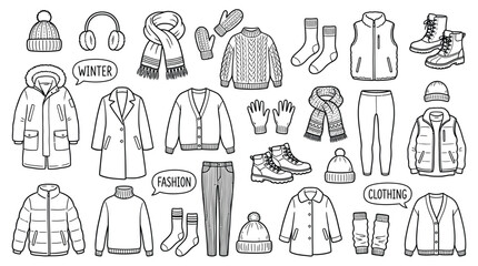 AdWinter Clothing and Fashion Icons – High‑Resolution Illustration Representing Cold Weather, Style, and Comfort for Lifestyle, Apparel, and Creative Projectsobe Illustrator Artwork © Tacaz