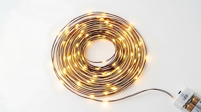 Coiled string lights, warm golden fairy lights, copper wire, decorative lighting, festive illumination