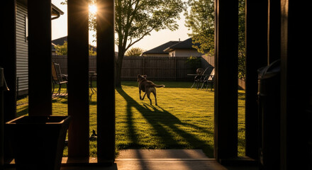 Fototapeta premium Golden Hour Backyard Scene With A Dog Running And Casting Long Shadows