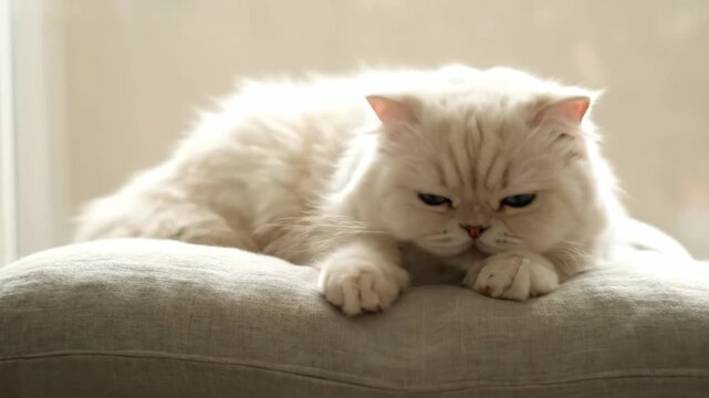 Fluffy white Persian cat with blue eyes resting on a soft cushion indoors