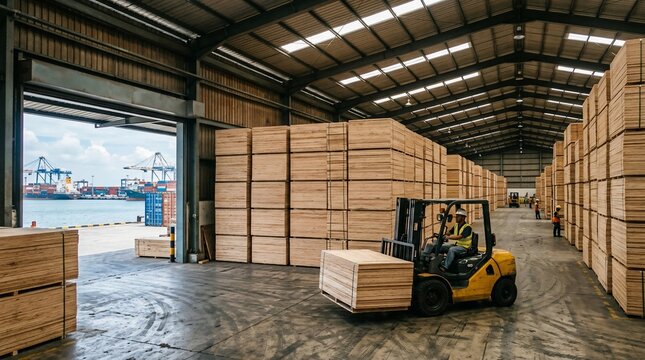Forklift operator moving timber stacks in industrial port warehouse.