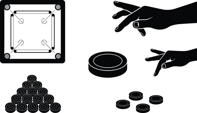 Carrom Board Game Striker Coin Hand Flicking Gesture Indoor Sports Silhouette Vector Set