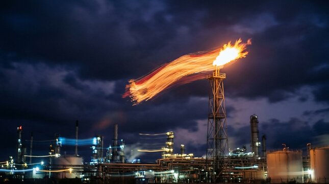 Gas flare stack burning at an oil refinery plant at night.