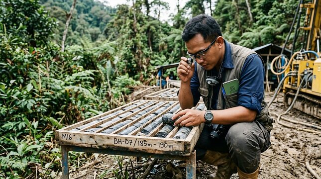 Geologist inspecting core samples at remote tropical jungle mining site.