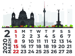 March 2020 Monthly Calendar Featuring Berlin Skyline Landmarks Illustration © Sri