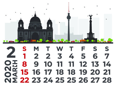 March 2020 Monthly Calendar Featuring Berlin Skyline Landmarks Illustration