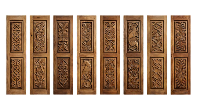 Vintage hand-carved wooden panels with ornate Celtic patterns, set of 8 decorative timber shutters, antique brown wood carvings with intricate floral and animal motifs