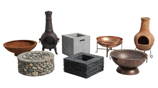 Outdoor fire pit collection, assorted backyard chiminea and fire bowl set, rustic stone and metal patio heating elements on white background