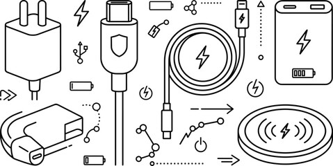 Charging icon set with type c cable wireless pad power bank and adapter © Mohammad