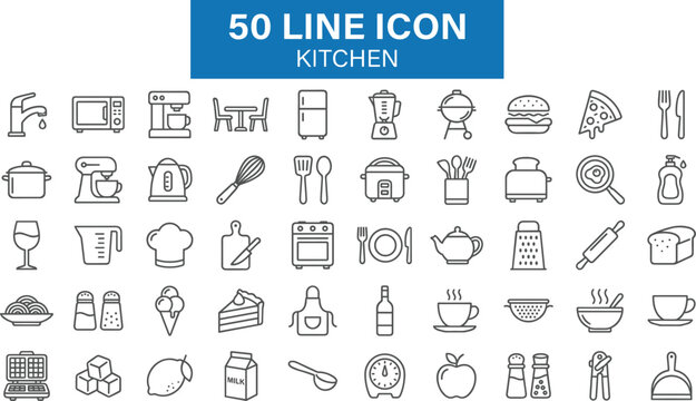 Kitchen thin line icon pack vector illustration with restaurant cooking utensils bakery tools grocery products and cafe food outline symbols