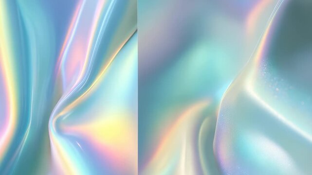 Iridescent pastel abstract background with smooth silk like folds and shimmering holographic light reflections. Trendy dreamy texture perfect for modern digital design and creative projects