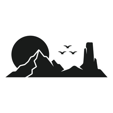 Black silhouette of mountains with sun and flying birds icon