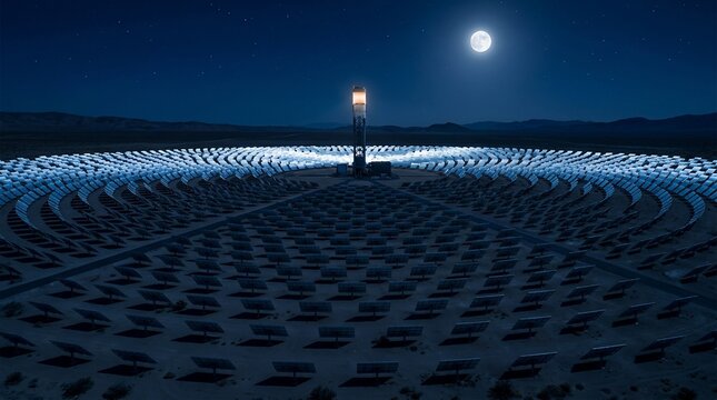 Concentrated Solar Power Plant at Night Under Full Moon.