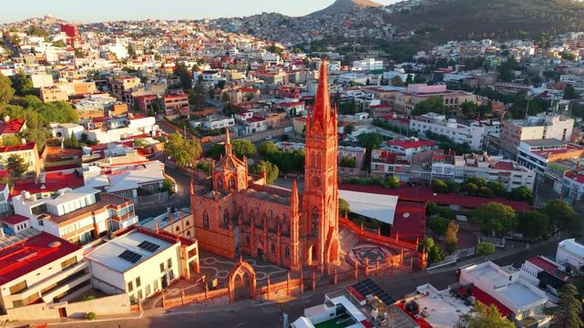Aerial view of Templo de Fatima gothic church in Zacatecas Mexico at sunset