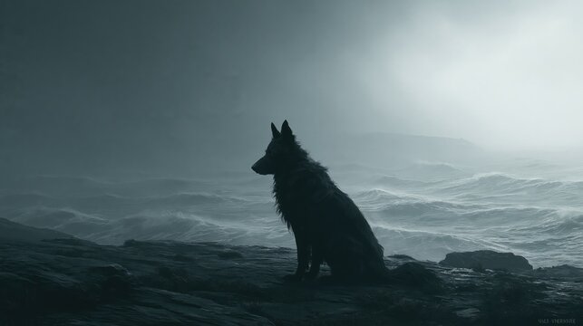 Silhouette of a Fearless Wolf Against a Stormy Ocean: A Mystic Moment Captured
