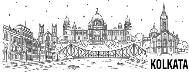 Kolkata city skyline horizontal banner vector illustration featuring famous landmarks historic colonial architecture and iconic truss bridge © MstHusna