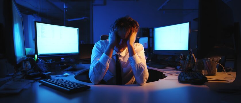 Stressed employee working late at night.