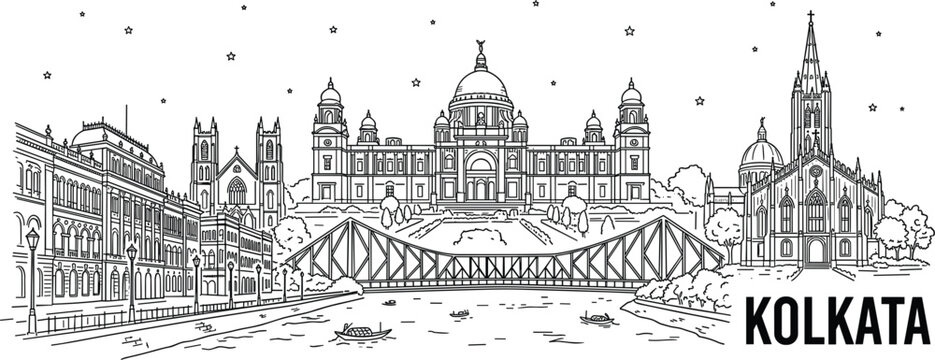 Kolkata city skyline horizontal banner vector illustration featuring famous landmarks historic colonial architecture and iconic truss bridge
