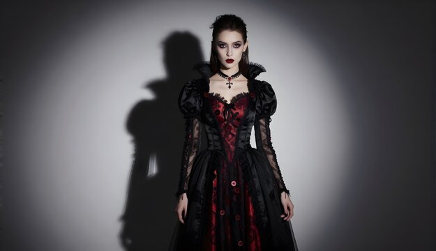 Gothic Fashion Model in Dark Red and Black Dress with Intricate Lace Details