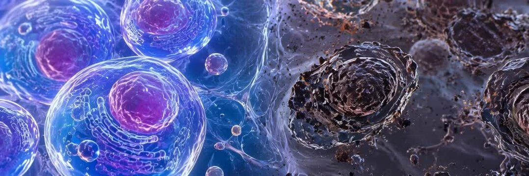 Healthy and damaged human cells interacting in a microscopic environment, animated medical website banner