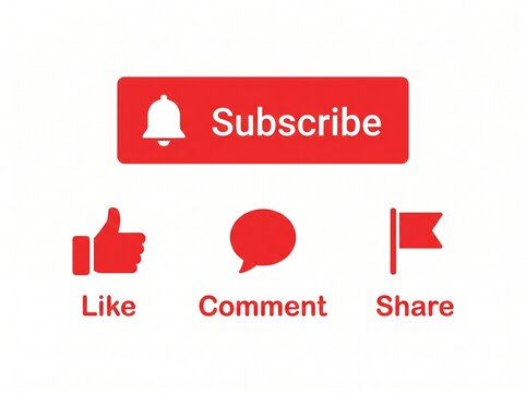 Social media icons, subscribe button, like comment share symbols, red and white