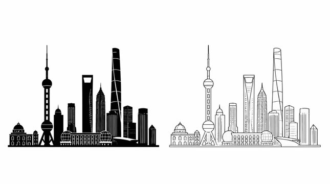 Shanghai City Skyline Silhouette and Line Art Illustration