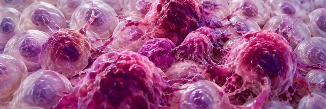 Abnormal purple cancer cells spreading among healthy tissue, animated medical website banner for oncology research