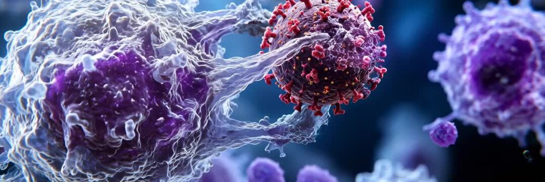 Immune cell attacking a virus in a microscopic environment, animated medical website banner