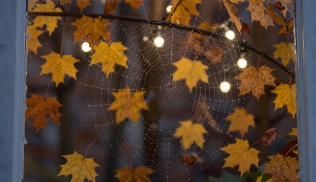 Autumn Spider Web with Yellow Leaves and String Lights