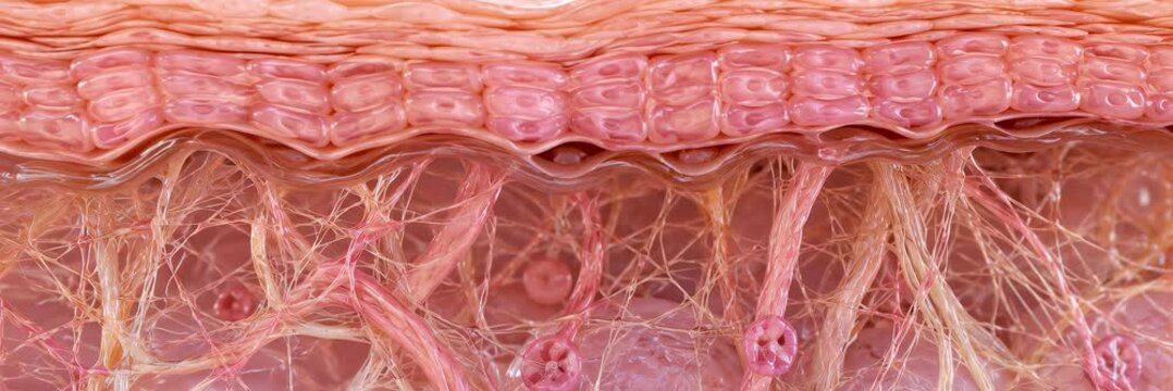 Detailed microscopic cross section of human skin tissue and cells, animated medical website banner