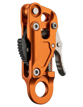 Orange mechanical rope ascender for climbing isolated over transparent background