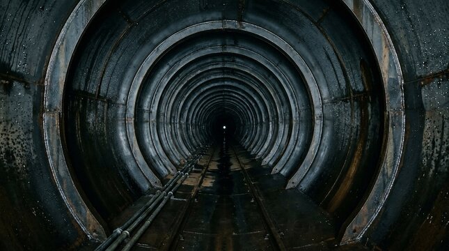 Dark abandoned underground subway tunnel with circular concrete walls.