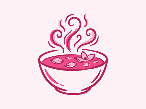 Vector illustration of a bowl of hot pink soup with steam and flower petals, handdrawn doodle style icon for a restaurant menu