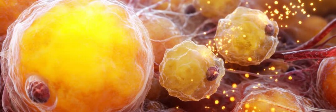 Enlarged fat cells surrounded by glowing metabolic particles, animated medical website banner