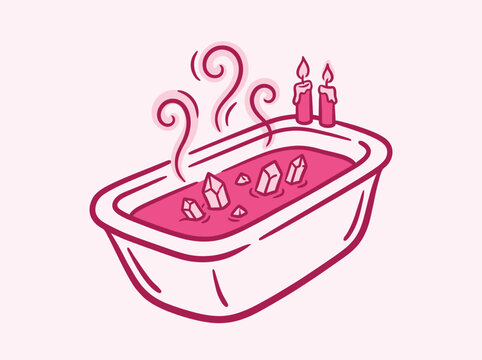 Vector illustration of a bathtub filled with pink water, crystals, and candles, perfect for selfcare, spa, and relaxation concepts
