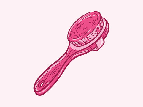 Pink bath brush with wooden handle for body scrubbing and exfoliation, vector illustration of a skincare tool for spa and wellness