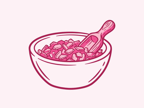 Hand drawn illustration of a bowl filled with sugar cubes and a wooden scoop a light pink background