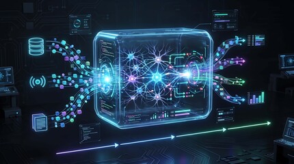 Futuristic glass cube housing glowing neural pathway architecture processing streams of data packets with floating interface screens in high tech laboratory environment for research.
