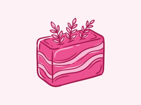 Hand drawn illustration of a pink soap bar with herbal sprigs, organic skincare or cosmetic product icon, vector graphic design
