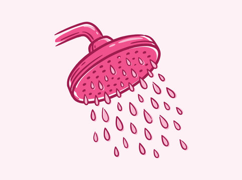 Pink shower head with water drops, vector illustration, bathroom equipment, hygiene concept, simple hand drawn style, pink background