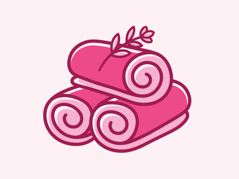 Spa towels icon with lavender sprig, rolled pink towels for massage or wellness center, vector illustration in flat style