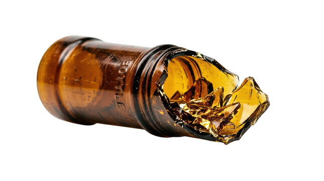 Broken brown glass beer bottle on side isolated on transparent background