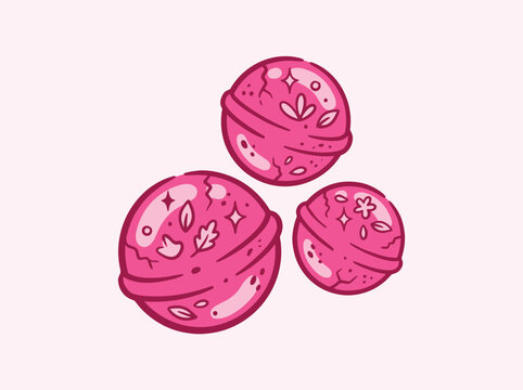 Set of three pink bath bombs with floral and leaf patterns, vector illustration of spa products for relaxation and selfcare