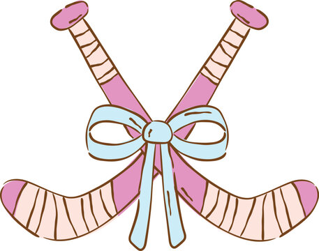 Coquette Pink Crossed Hockey Sticks with Ribbon Vector Illustration