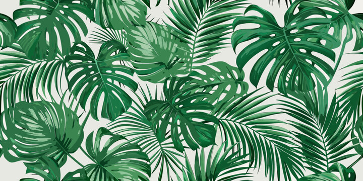 seamless pattern of green monstera leaves on white background tropical botanical nature leaf plant design illustration vector graphic artwork flora