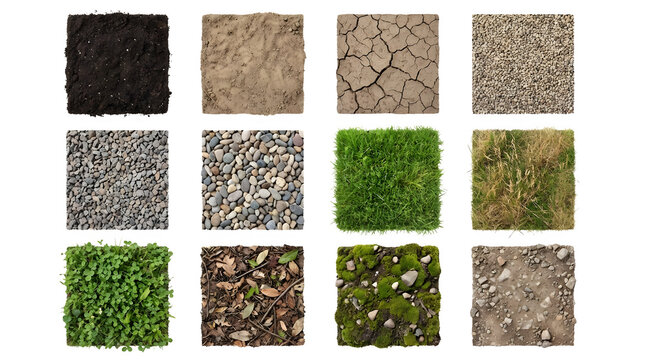 Natural ground texture set with 12 terrain samples, realistic earth soil and grass patches, collection of gravel and stone surface materials for 3D rendering